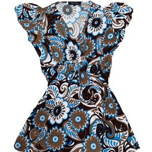 B.L.E.U. Floral Empire‎ Waist Blouse Brown Blue Retro Print Small USA